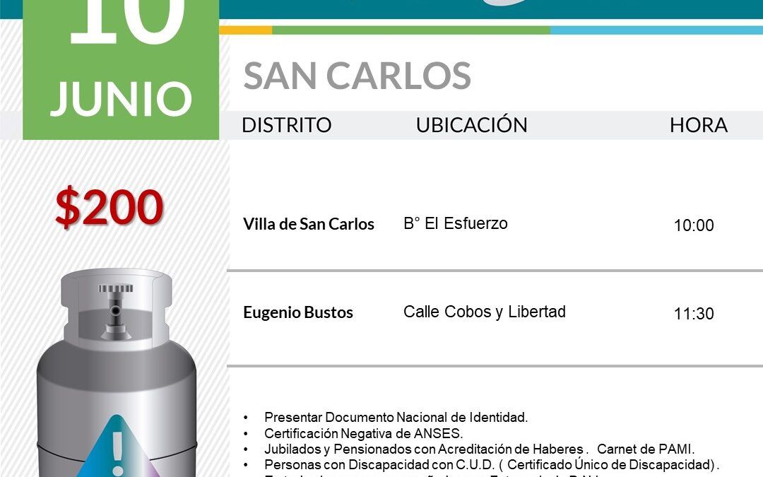 Mañana Miércoles la «Garrafa en tu barrio»,  estará en San Carlos