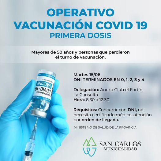 Hoy Martes, vacunación Covid para mayores de 50 en San Carlos.
