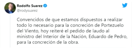 Portezuelo del Viento, Rodolfo Suárez presentó un nuevo pedido de laudo presidencial